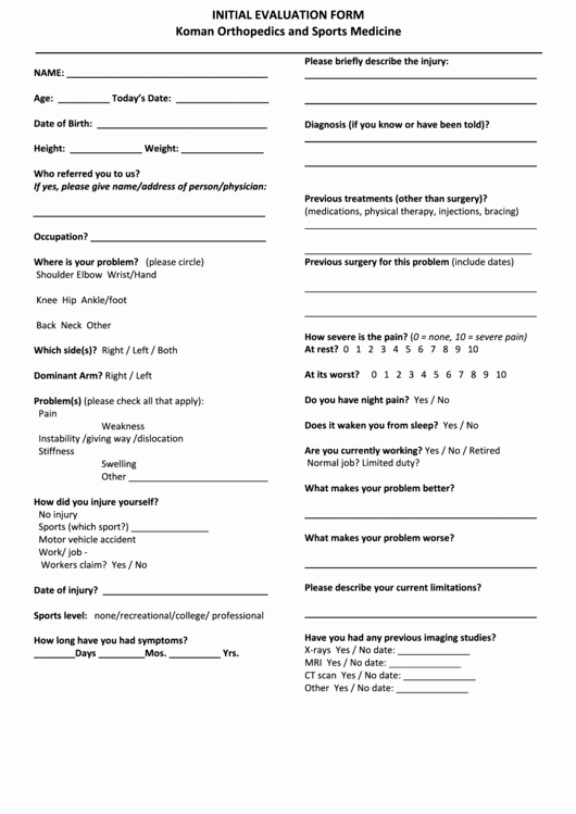 Physical therapy Initial Evaluation Template Inspirational Initial Evaluation form orthopedics Printable Pdf