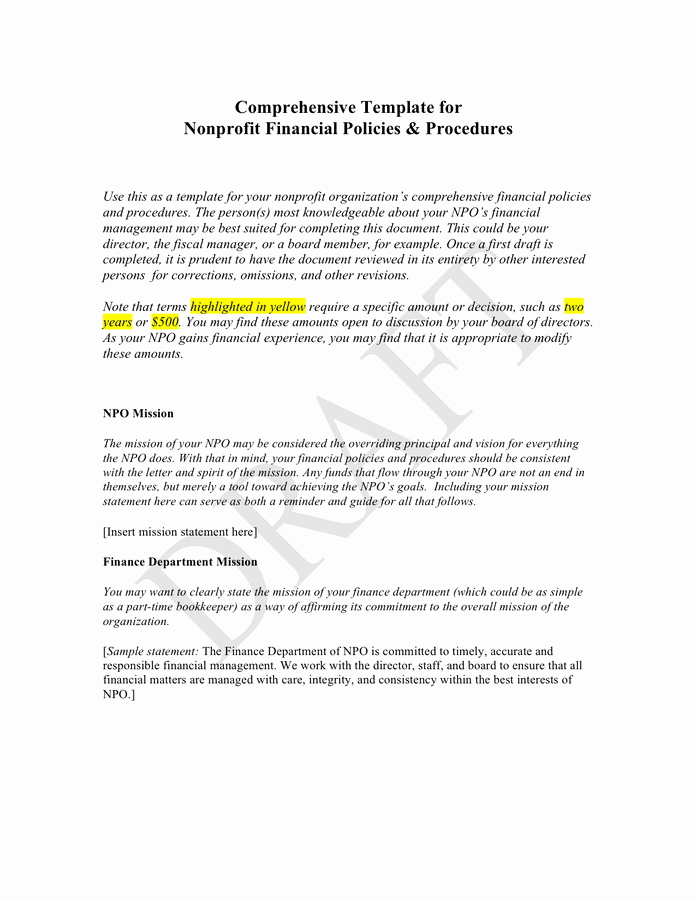 Policy and Procedures Template New Nonprofit Financial Policies &amp; Procedures Template In Word
