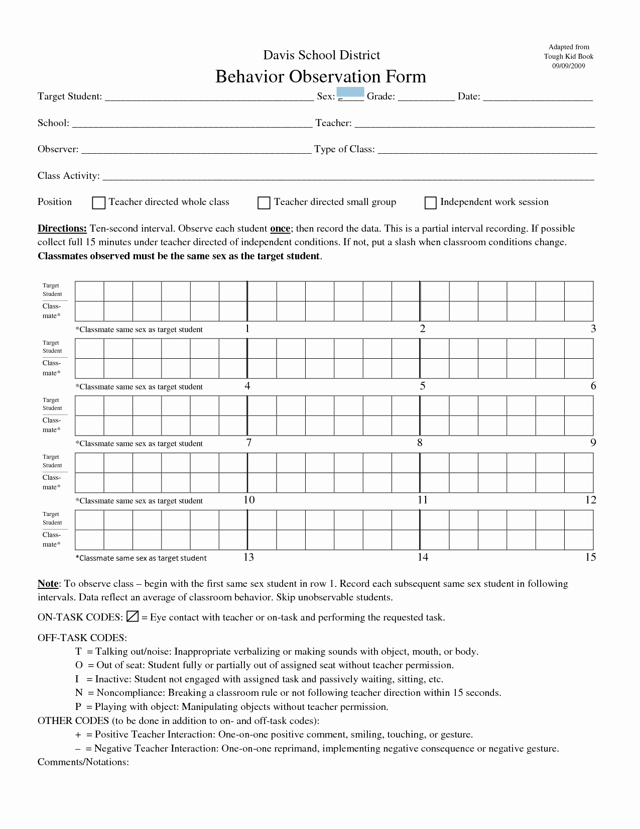 Preschool Teacher Observation form Template Awesome Student Behavior Observation form assessment