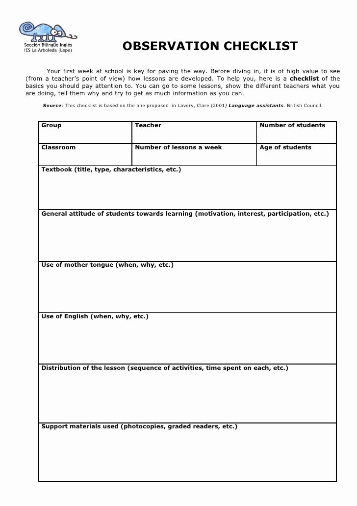 Preschool Teacher Observation form Template Beautiful Observation Checklist