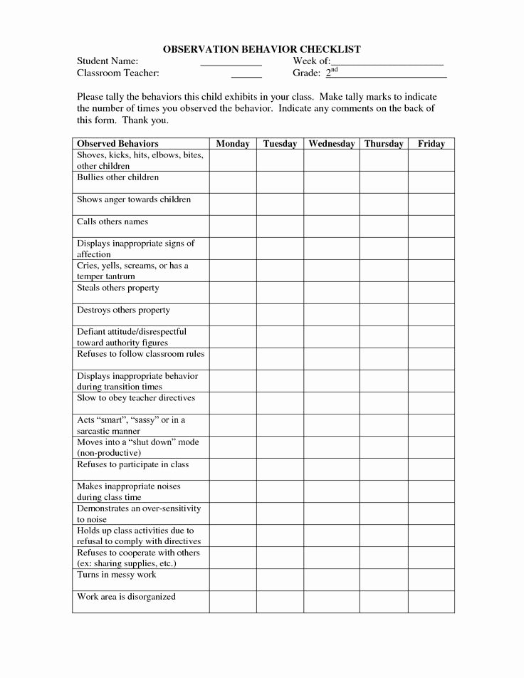 Preschool Teacher Observation form Template Fresh Ch 2 P38 Checklist This is A Behavior Observation