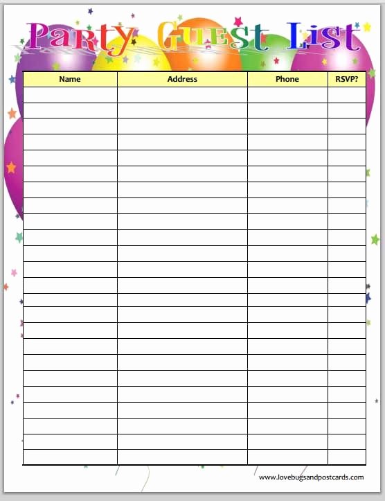 Printable Guest List Template Fresh Free Printable Birthday Party Guest List Planner