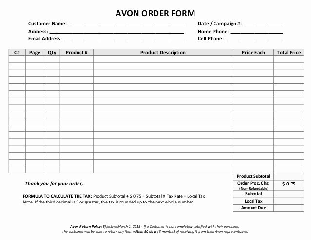 Printable order forms Templates Lovely Avon order form Blank Word Version