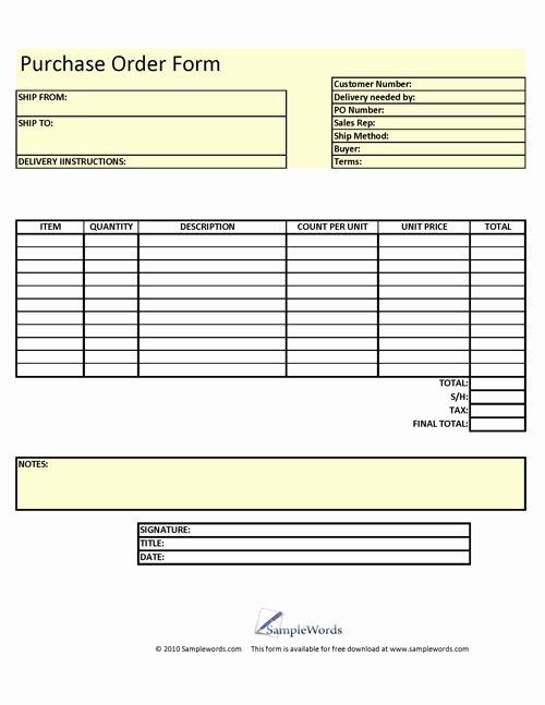 Printable order forms Templates Lovely Purchase order form Printable Download