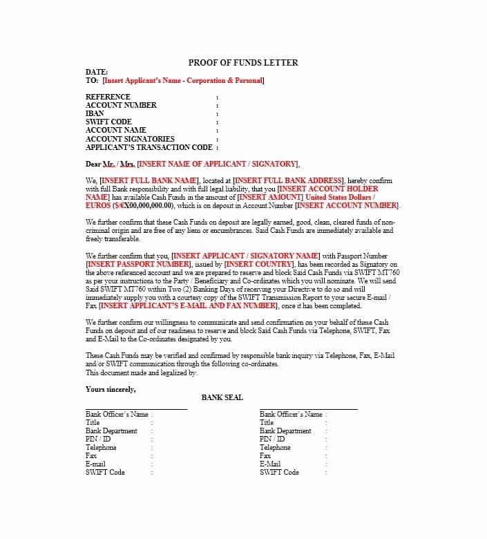 Proof Of Funds Letter Template Lovely 25 Best Proof Of Funds Letter Templates Template Lab