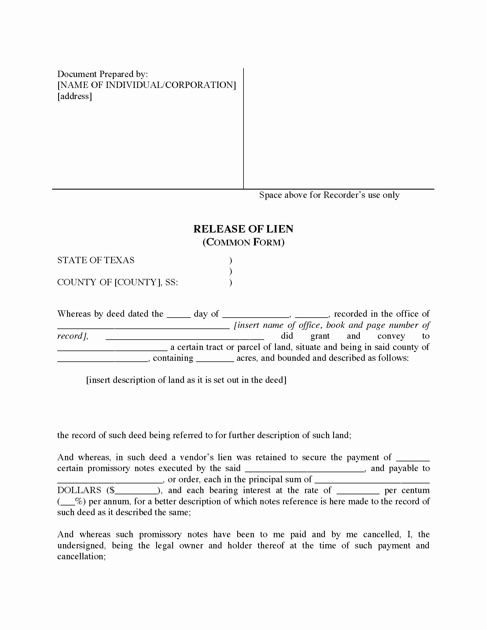 Property Release form Template Awesome Texas Release Of Vendor S Lien