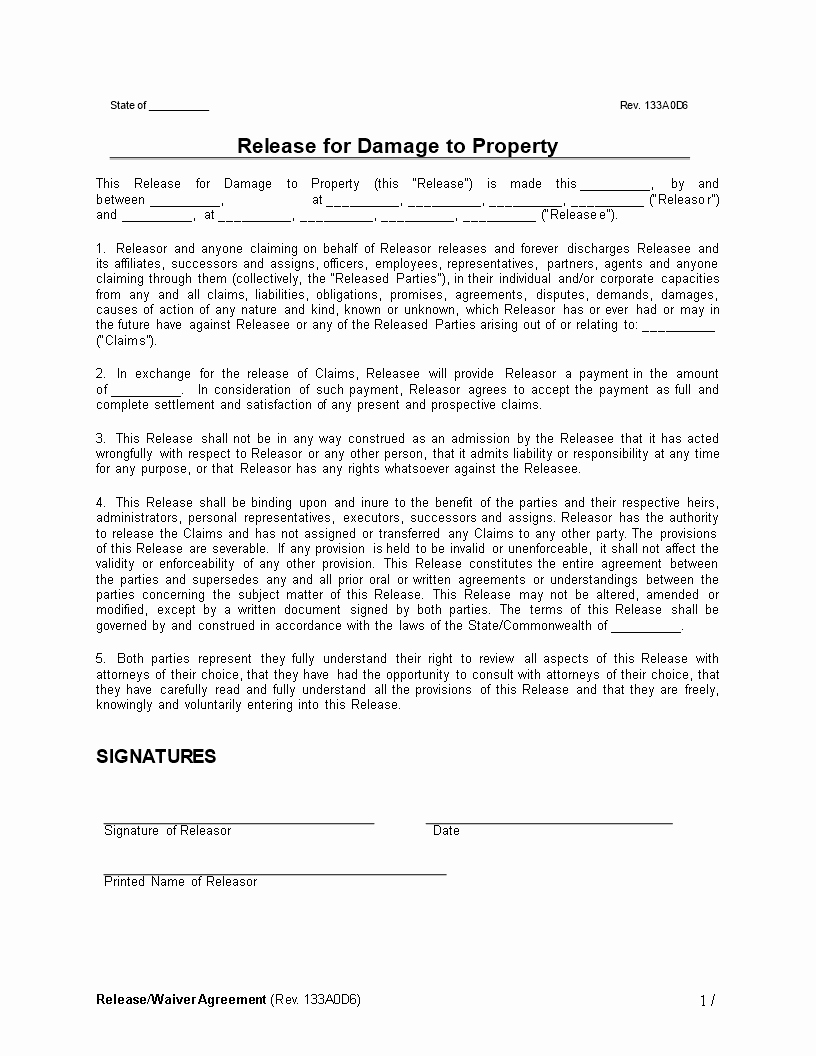 Property Release form Template Elegant Release Waiver Agreement Damage to Property