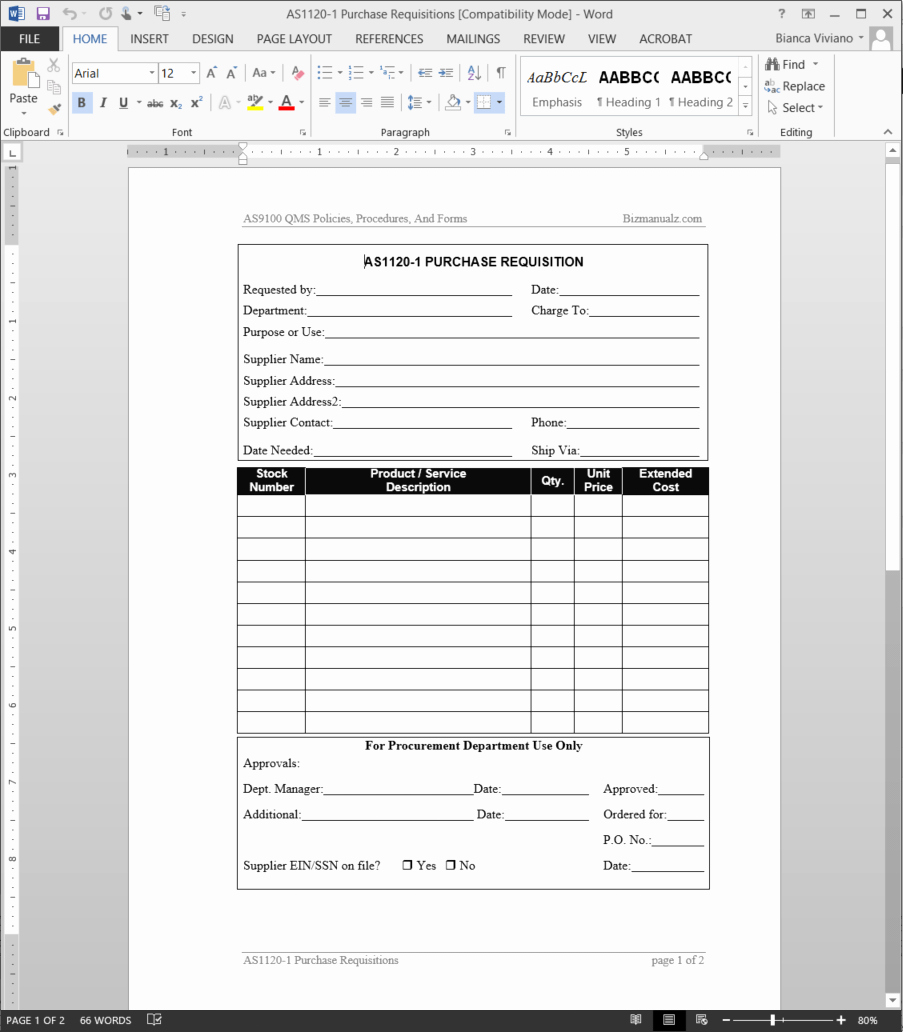 Purchase Request form Template Lovely Purchase Requisitions as9100 Template