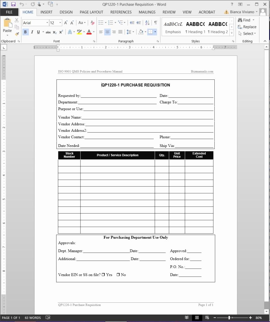Purchasing Request form Template Lovely Purchase Requisition iso Template