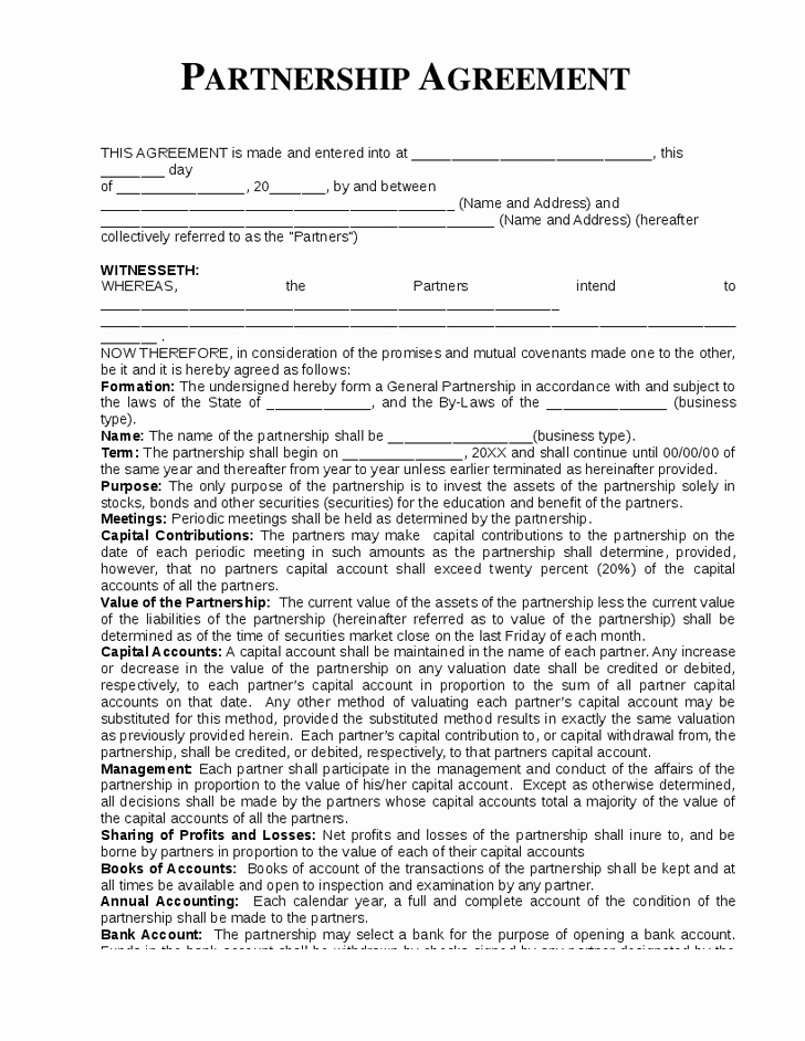 Real Estate Partnership Agreement Template New Printable Sample Partnership Agreement Template form