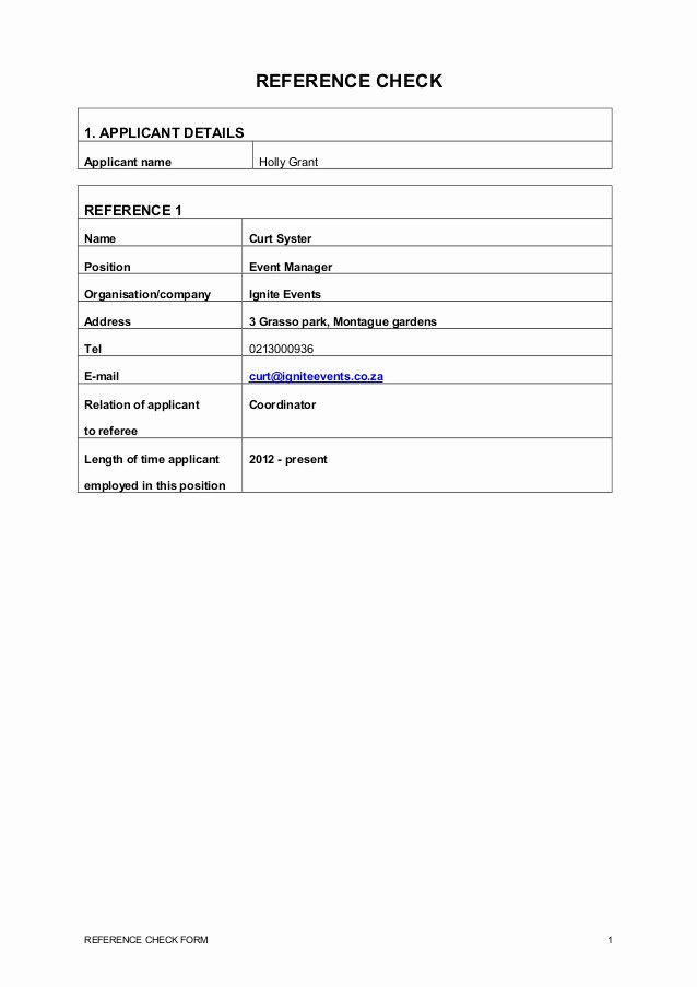 Reference Check Email Template New Holly Grant Reference Check form