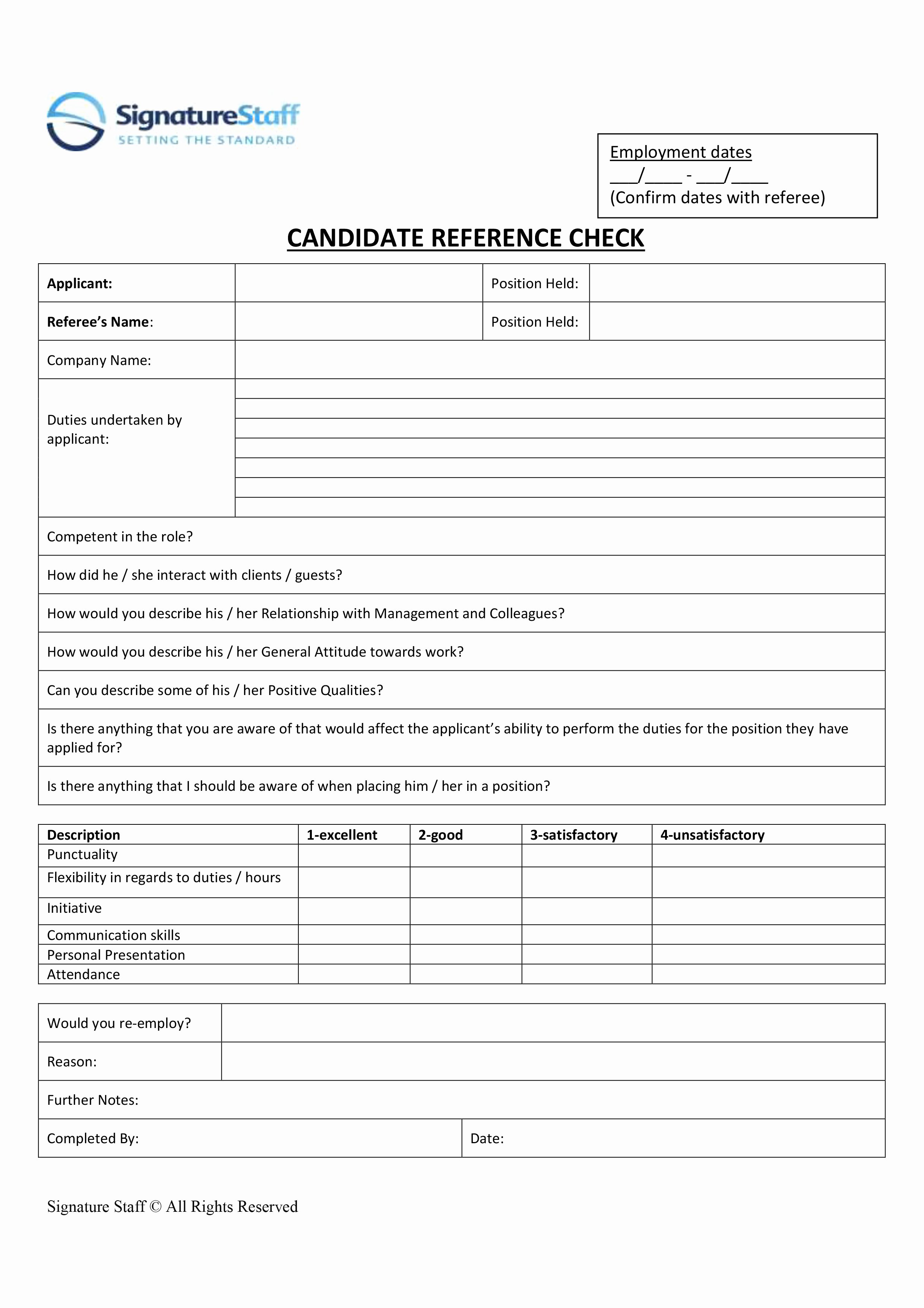 Reference Check form Template Fresh Reference Check Template Entry Level Staff Signature Staff