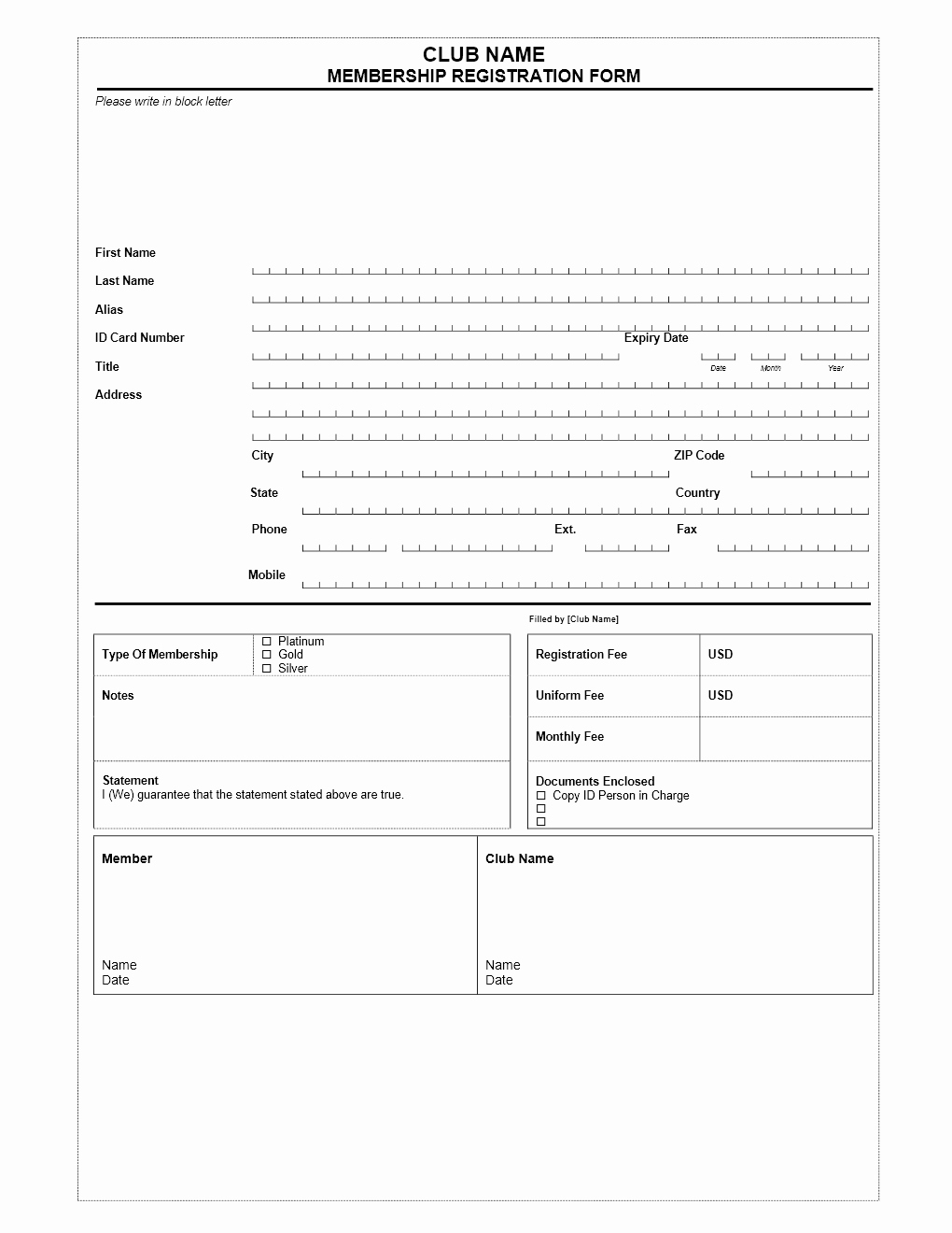 Registration forms Template Word Lovely Club Membership Application form