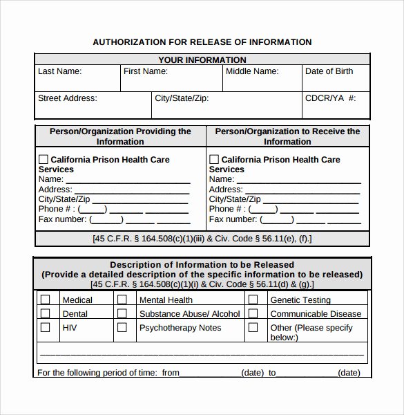 Release Of Information form Template New Sample Release Information form 8 Download Free
