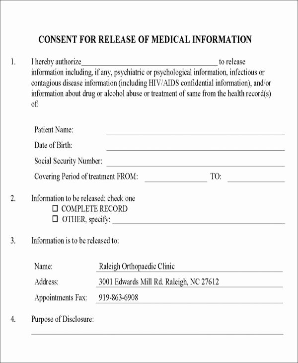 Release Of Information forms Template Elegant Release Medical Information form Sample 9 Examples