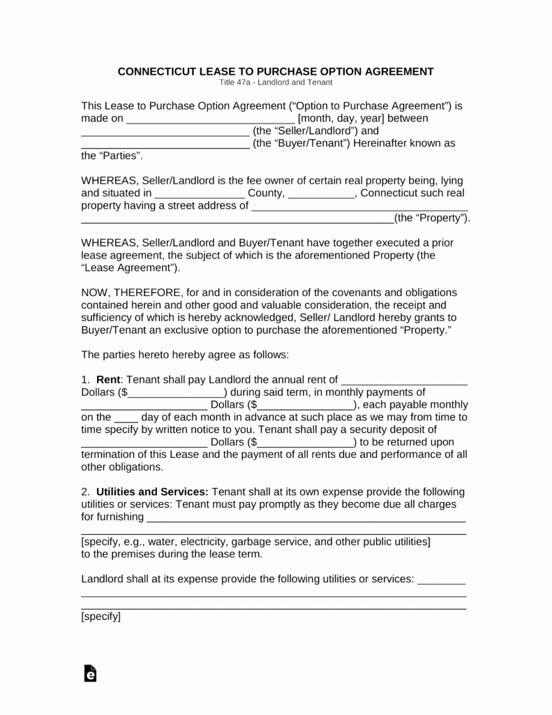 Rent to Own Contract Template Inspirational Free Connecticut Lease to Own Option to Purchase