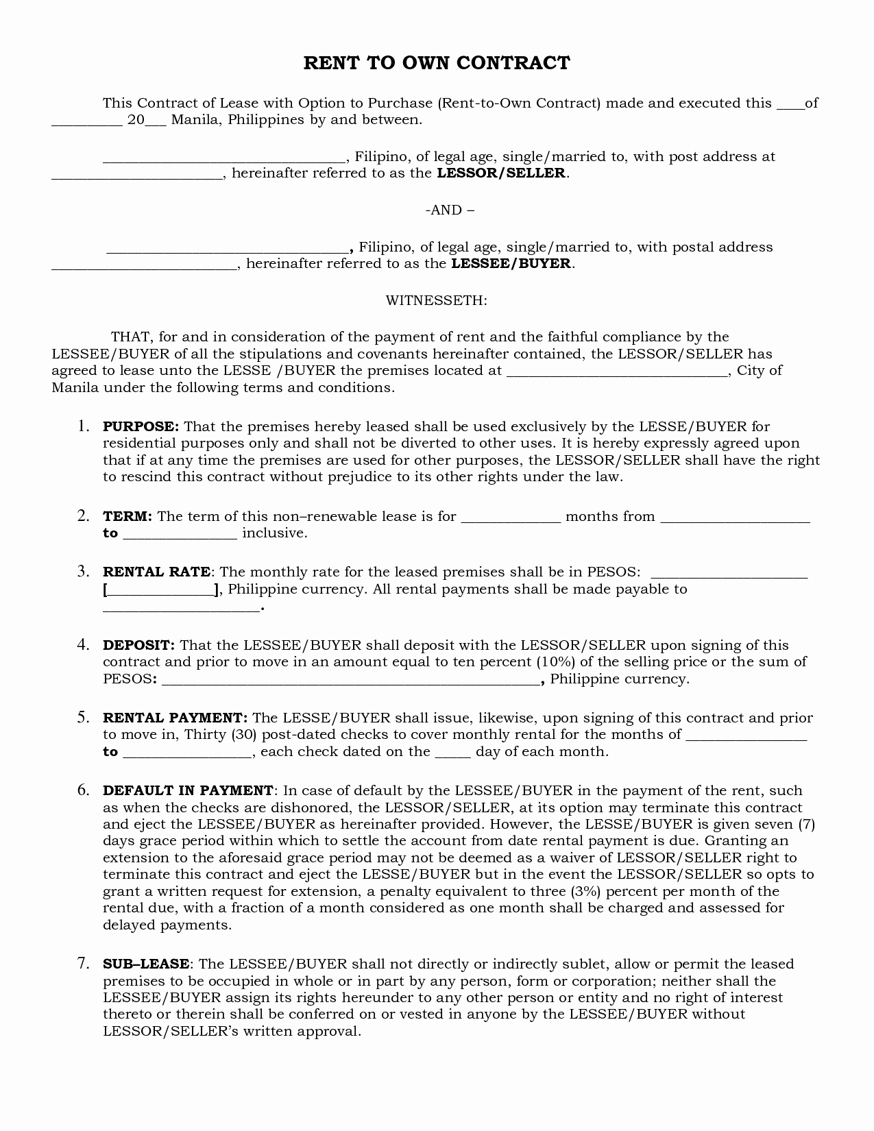 Rent to Own Contract Template Luxury Rent to Own Agreement form