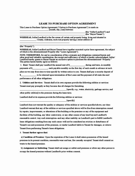 Rent to Own Contract Templates Awesome Rent to Own Agreement Sample form Property