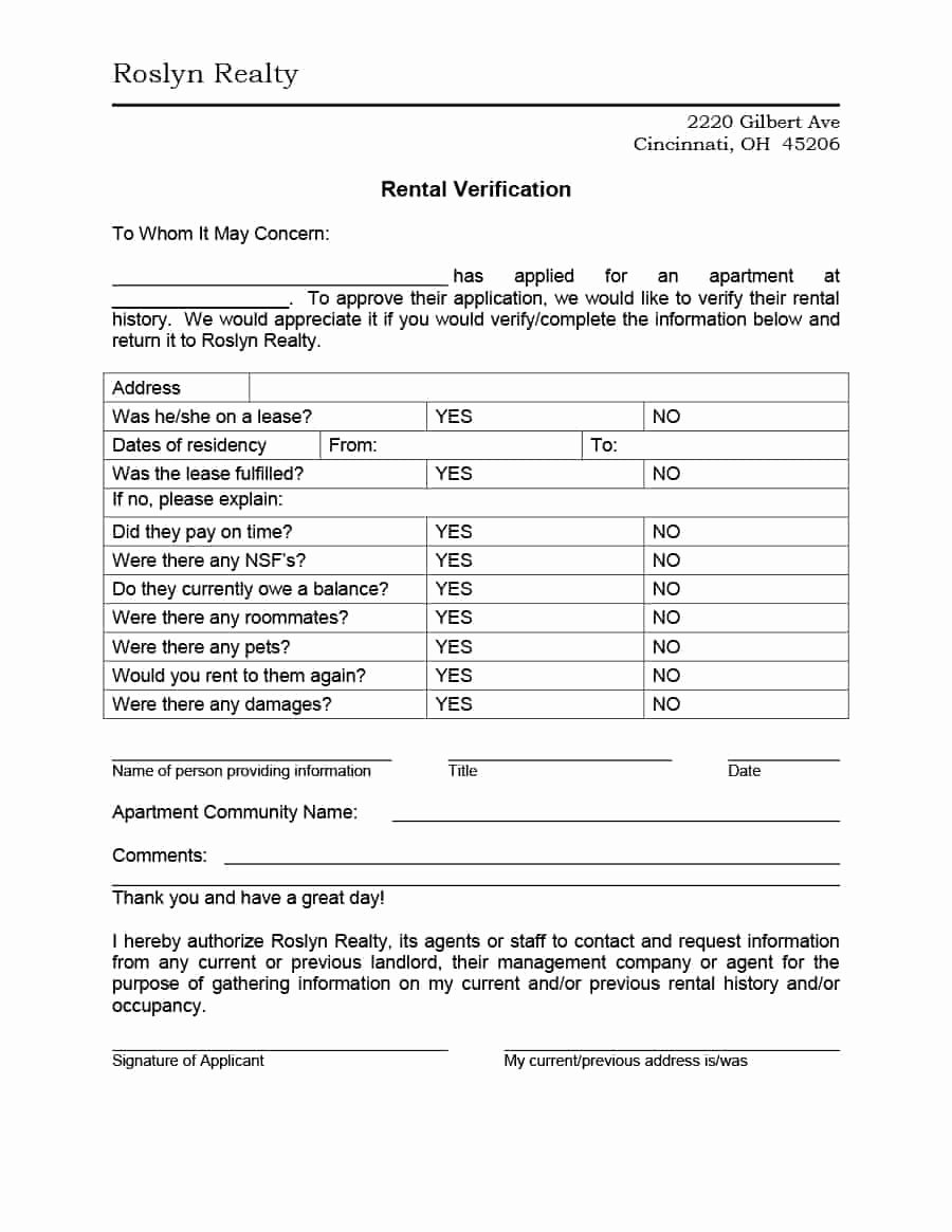 Rental Verification form Template Fresh 29 Rental Verification forms for Landlord or Tenant
