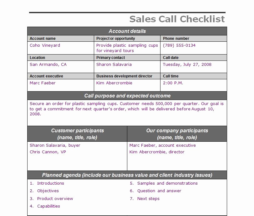 Sales Call Reporting Template Best Of Sales Call Checklist