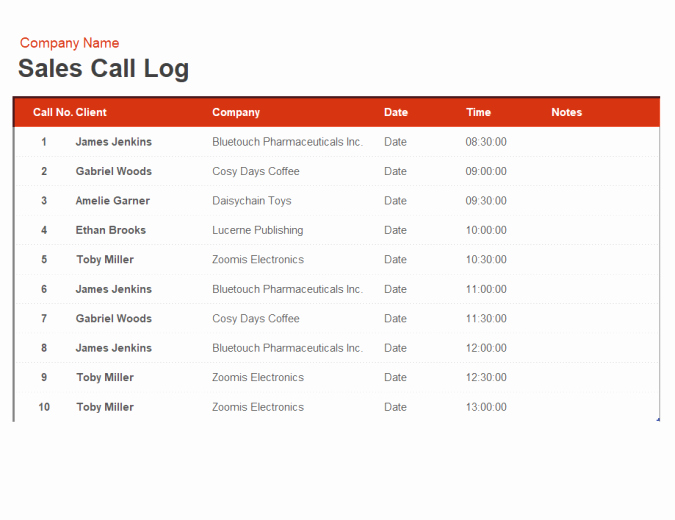 Sales Call Reporting Template New Sales Call Log and organiser