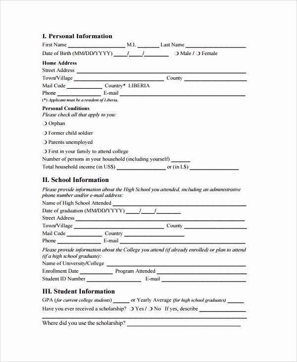 Scholarship Application Template Word Lovely Sample Scholarship Application form 7 Documents In Pdf