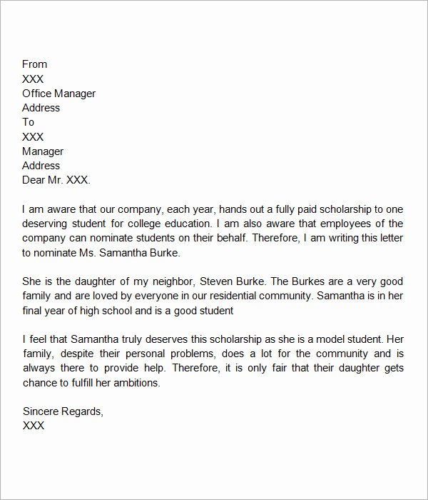 Scholarship Letter Of Recommendation Template Inspirational Free 32 Sample Letters Of Re Mendation for Scholarship