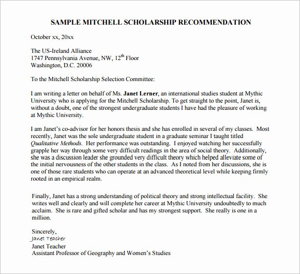 Scholarship Letter Of Recommendation Template New 27 Letters Of Re Mendation for Scholarship Pdf Doc