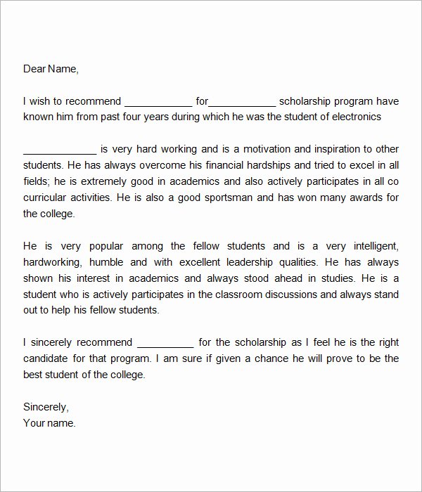 Scholarship Letter Of Recommendation Template Unique Free 32 Sample Letters Of Re Mendation for Scholarship