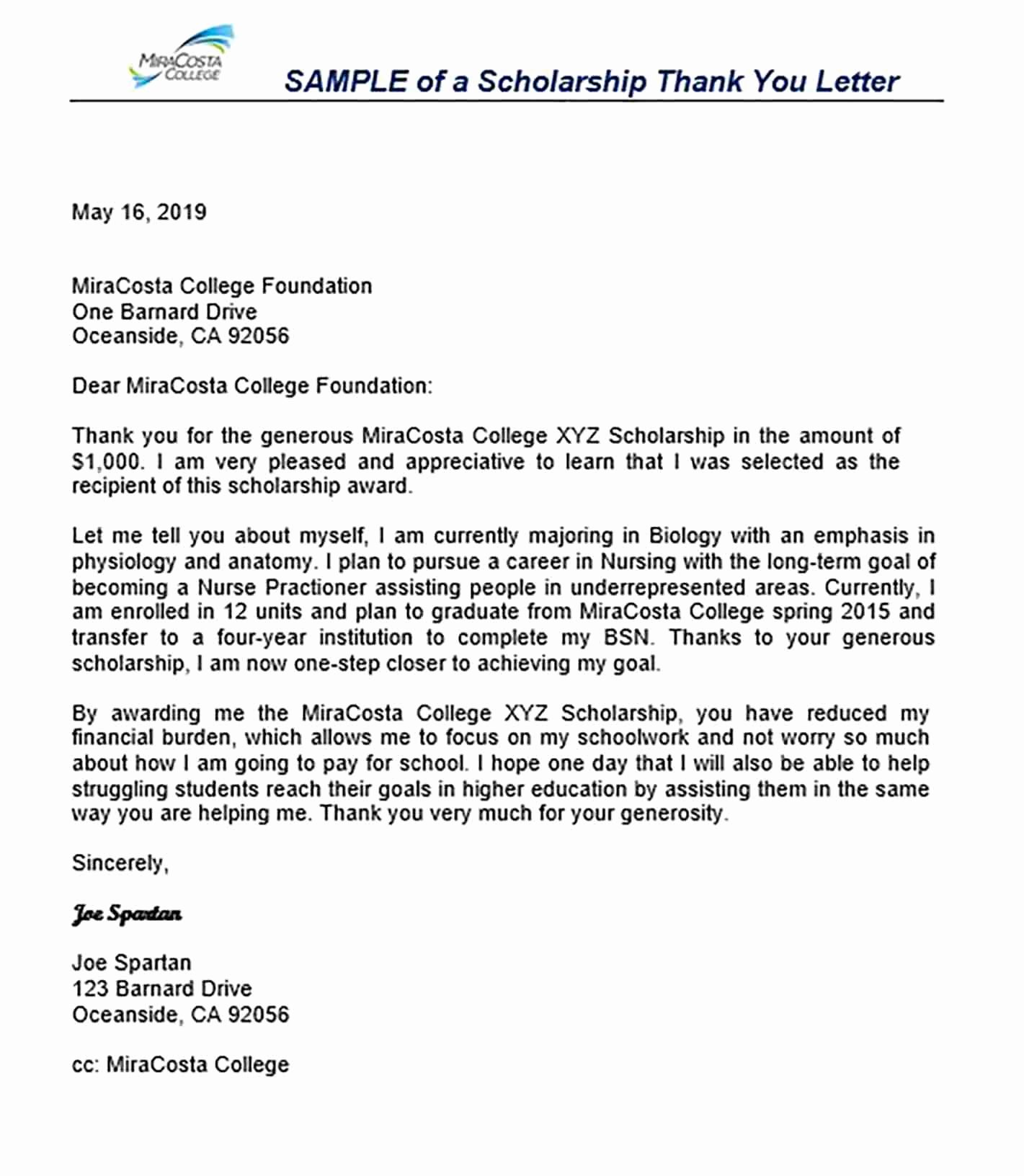 Scholarship Thank You Letter Template Lovely 11 Scholarship Thank You Letter Sample for Doc Pdf