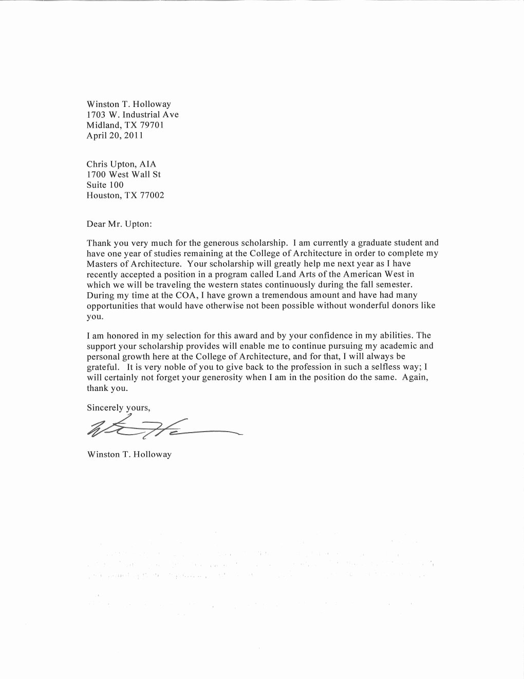 Scholarship Thank You Letter Template New Aia West Texas West Texas Chapter Aia 2011 Scholarship