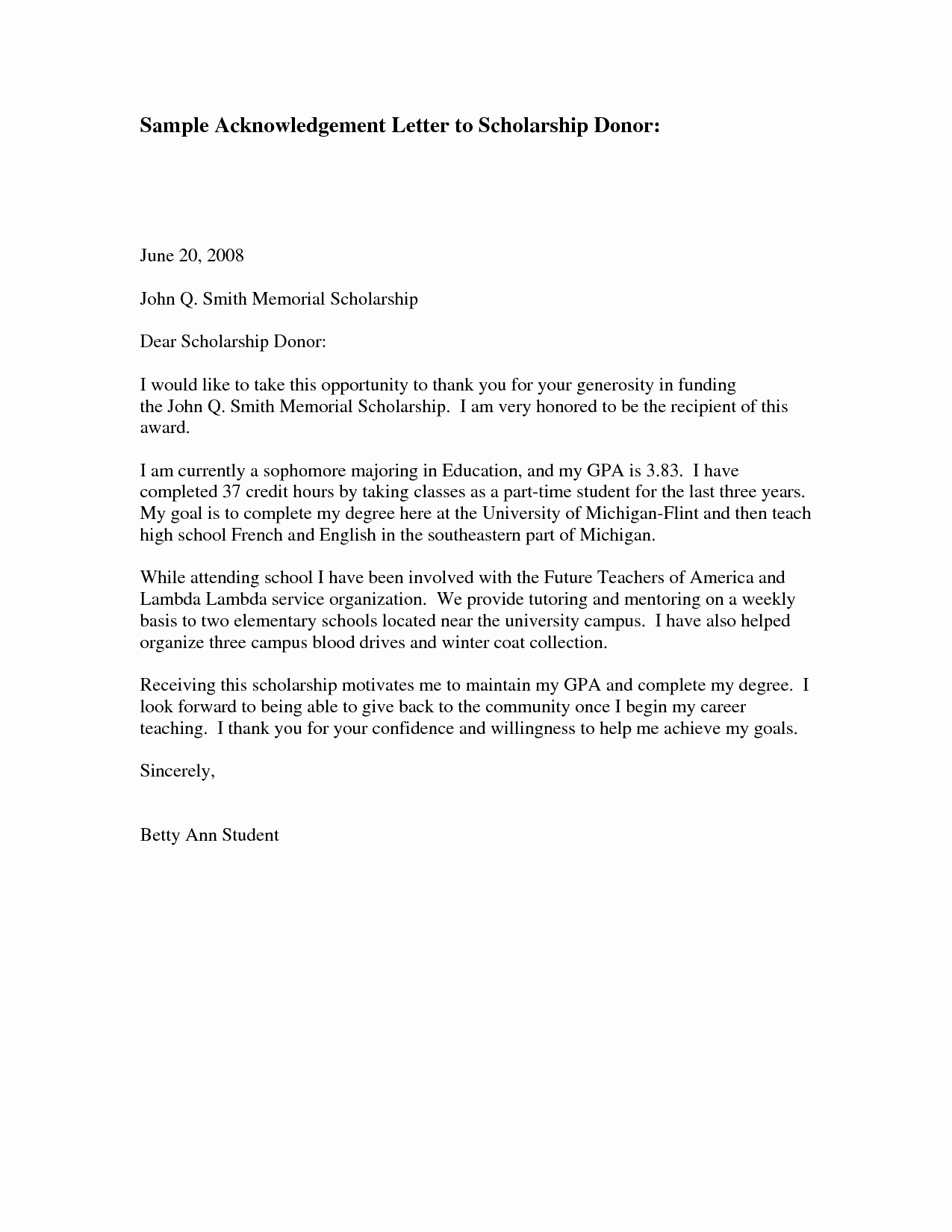 Scholarship Thank You Letter Template New Donor Thank You Letter Sample