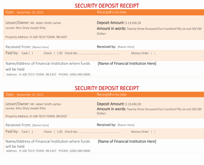 Security Deposit Receipt Template Best Of Security Deposit Receipt 4 Sample Security Deposit Receipts