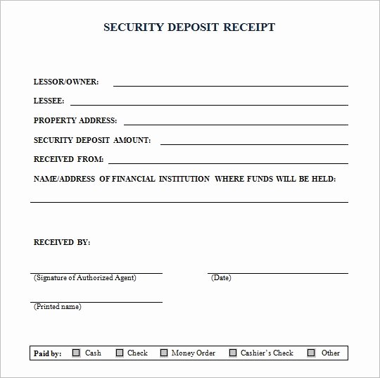 Security Deposit Receipt Template Unique Security Deposit Receipt form