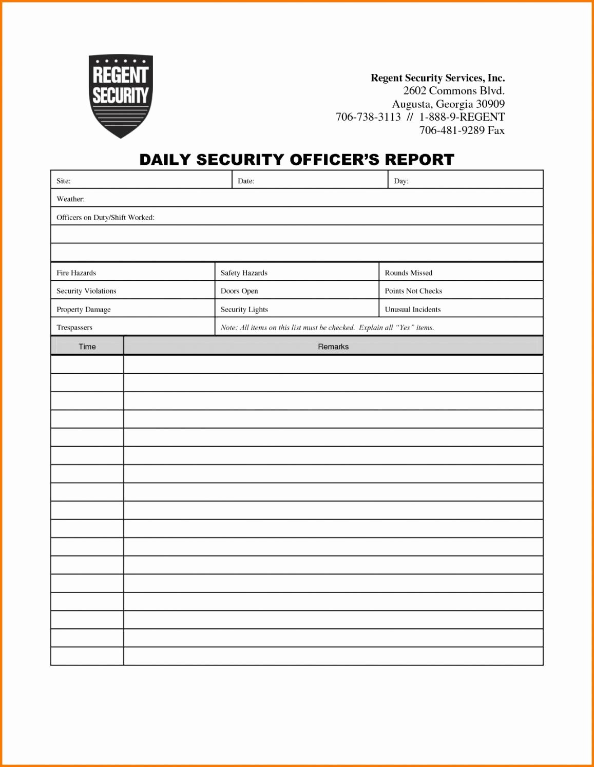 Security Guard Incident Report Template Elegant Security Ficer Daily Activity Report Template