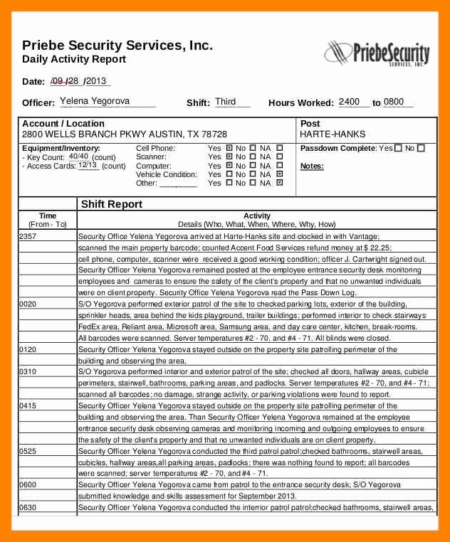 Security Guard Incident Report Template Inspirational Security Ficer Daily Activity Report Sample