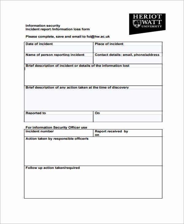Security Incident Report Template Fresh Free 40 Sample Incident Report forms In Pdf