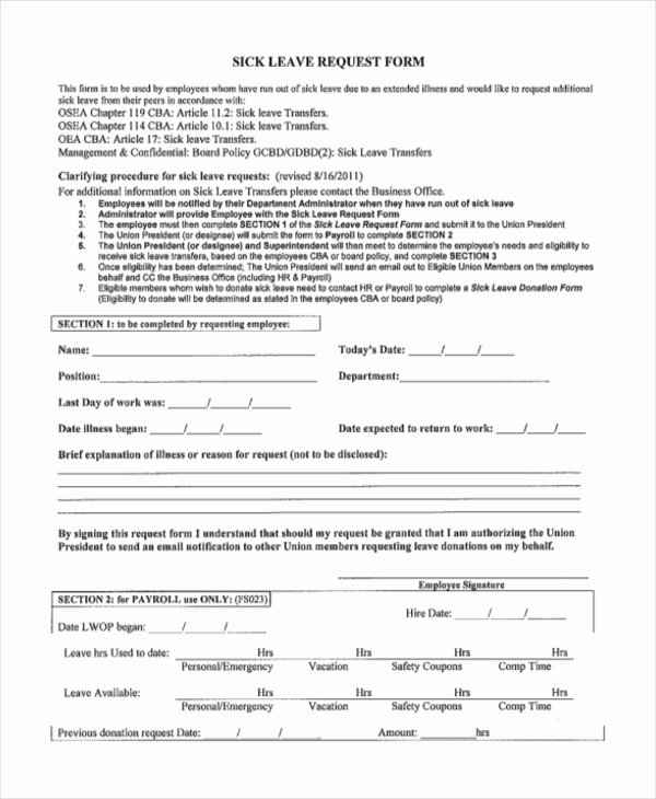 Sick Leave form Template Lovely Free 10 Sample Leave Request forms In Pdf
