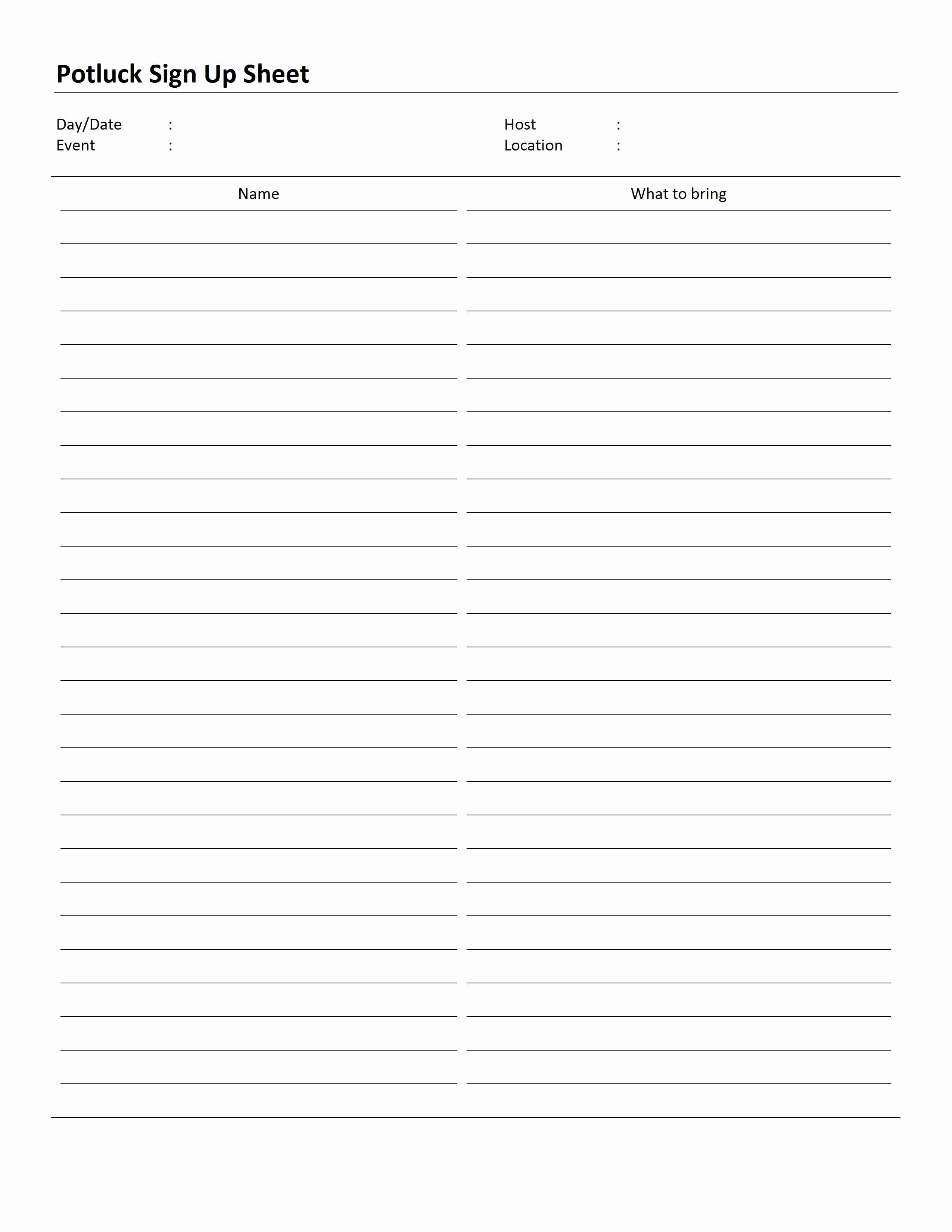 Sign Up Sheet Template Word Elegant Potluck Sign Up Sheet