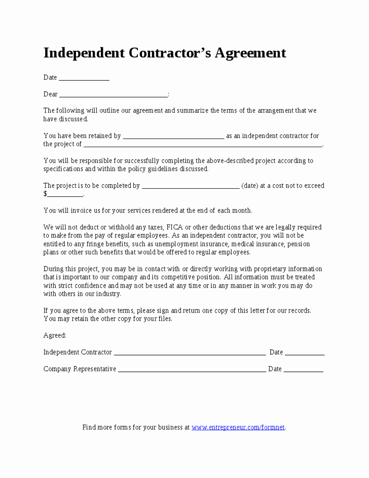 Simple Independent Contractor Agreement Template Inspirational Free Independent Contractor Agreement form Download