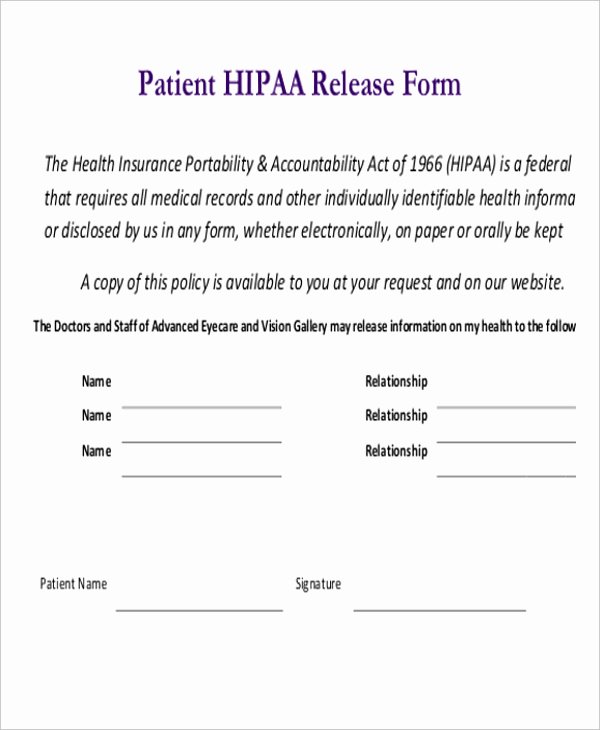 hipaa pliant medical release form