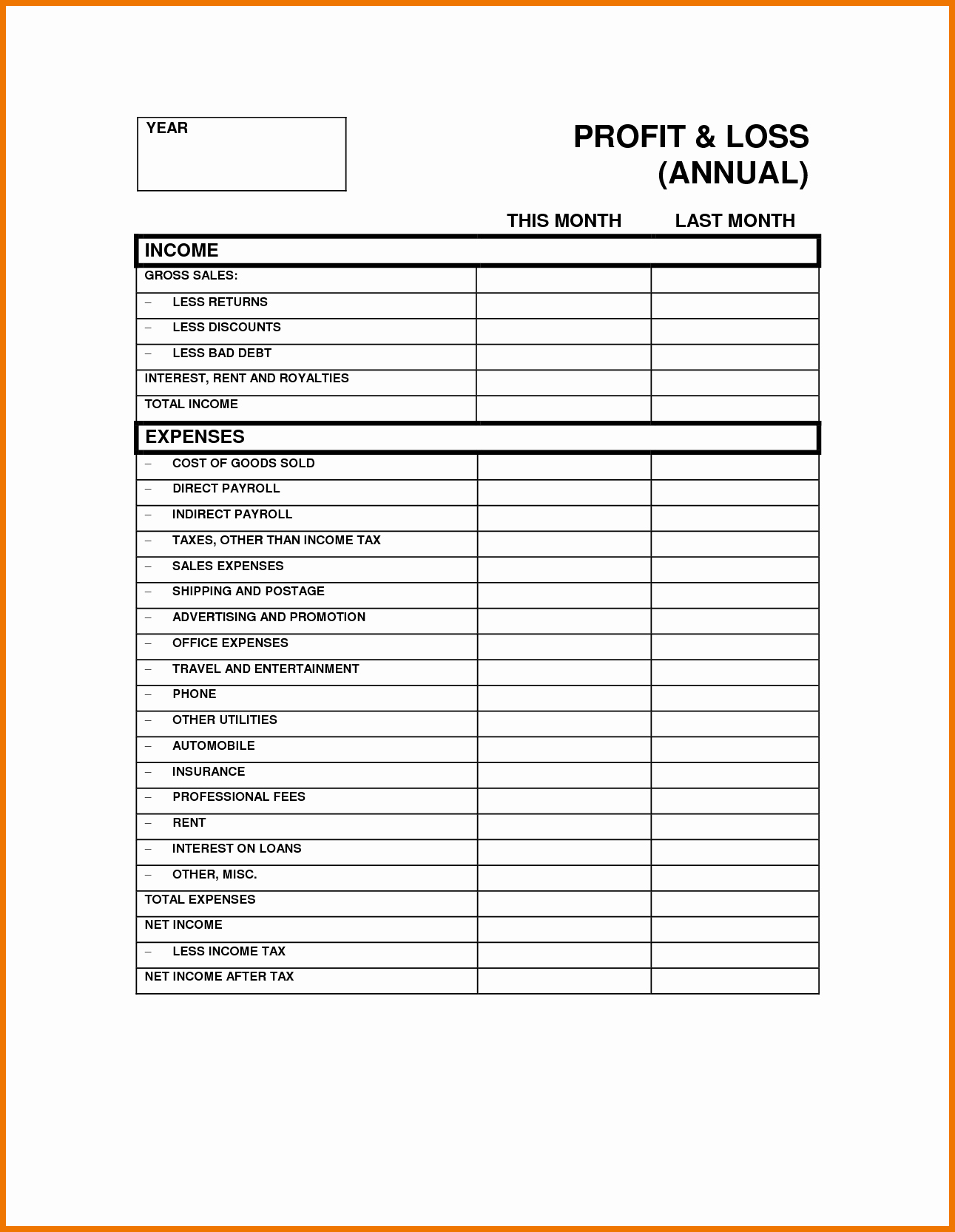 Simple Profit and Loss Template Awesome Printable Blank Profit and Loss Statement