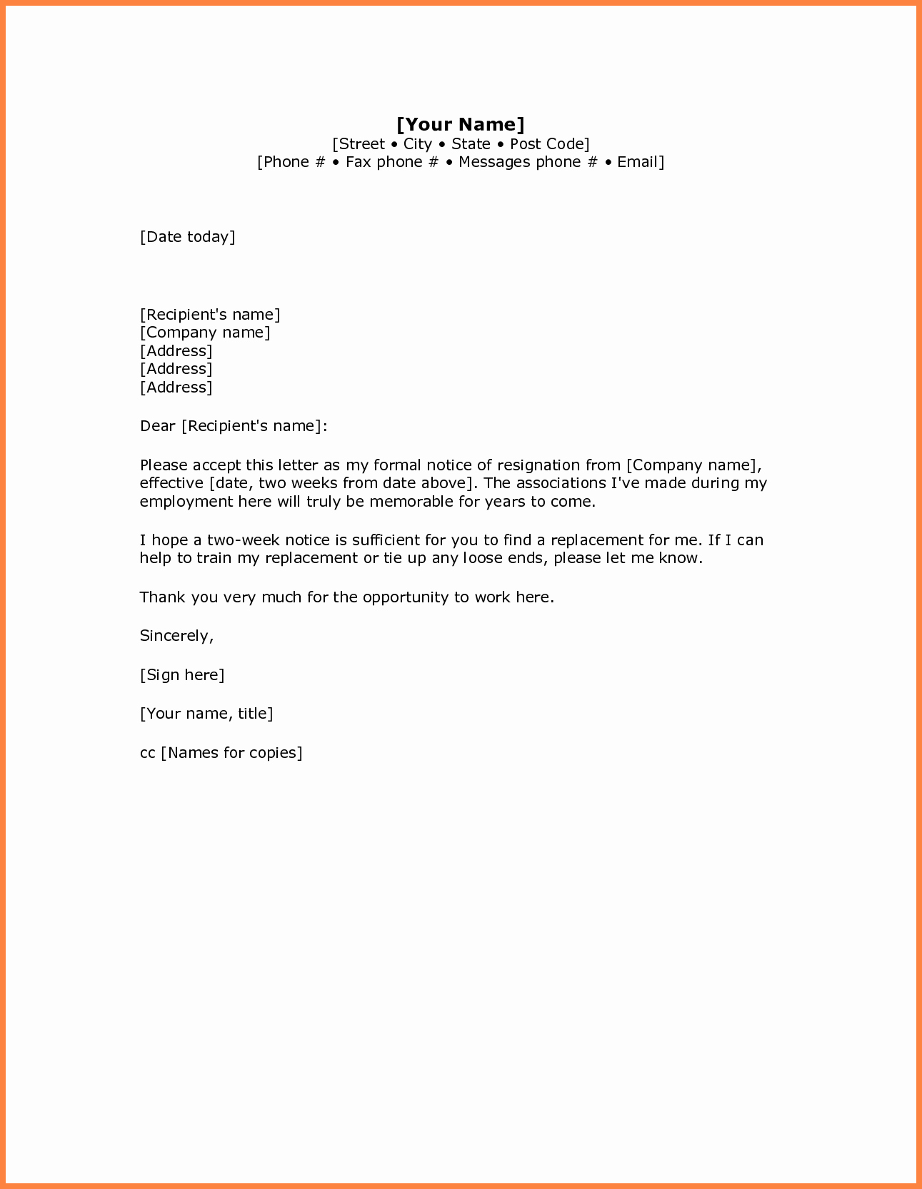 Simple Resignation Letter Templates New 5 Simple Resignation Letter Sample 1 Week Notice