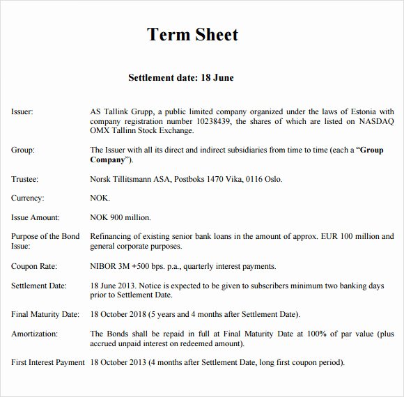 Simple Term Sheet Template Awesome Sample Term Sheet 6 Example format