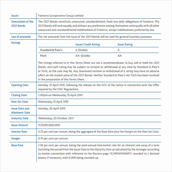 Simple Term Sheet Template Luxury Sample Term Sheet 6 Example format