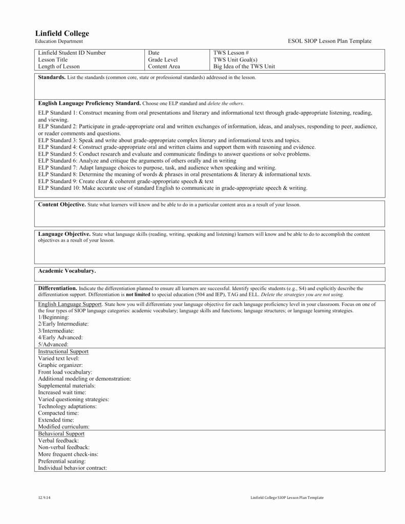 Siop Lesson Plan Template 1 Beautiful Siop Lesson Plan Template