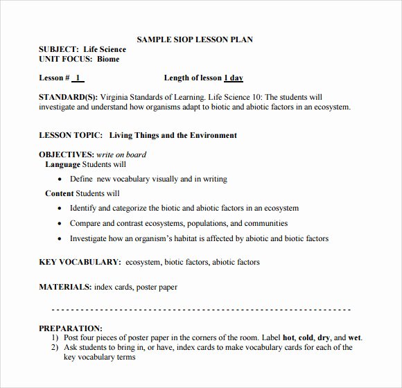 Siop Lesson Plan Template 1 New Sample Siop Lesson Plan Templates – 10 Free Examples