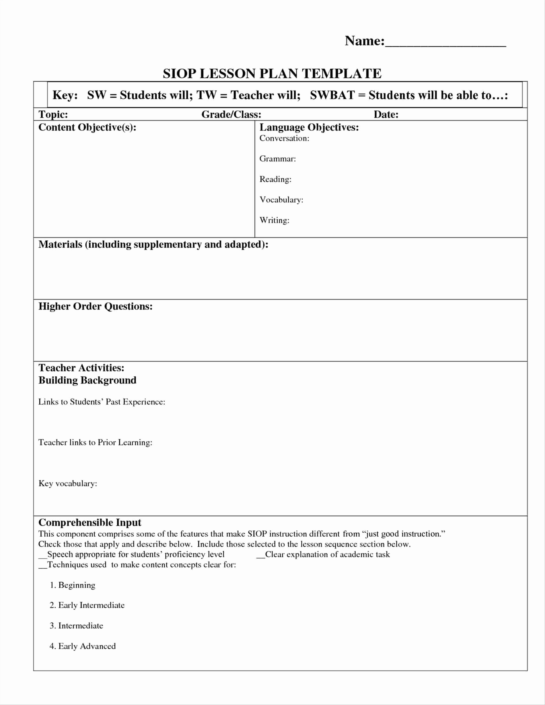 Siop Lesson Plan Template 2 Beautiful Siop Lesson Plan Template 2 Sample – Lesson Plan Template