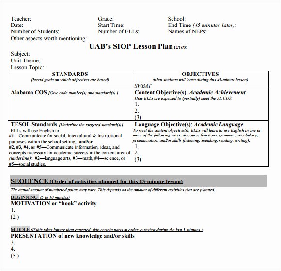 Siop Lesson Plan Template 2 Fresh Sample Siop Lesson Plan 9 Documents In Pdf Word
