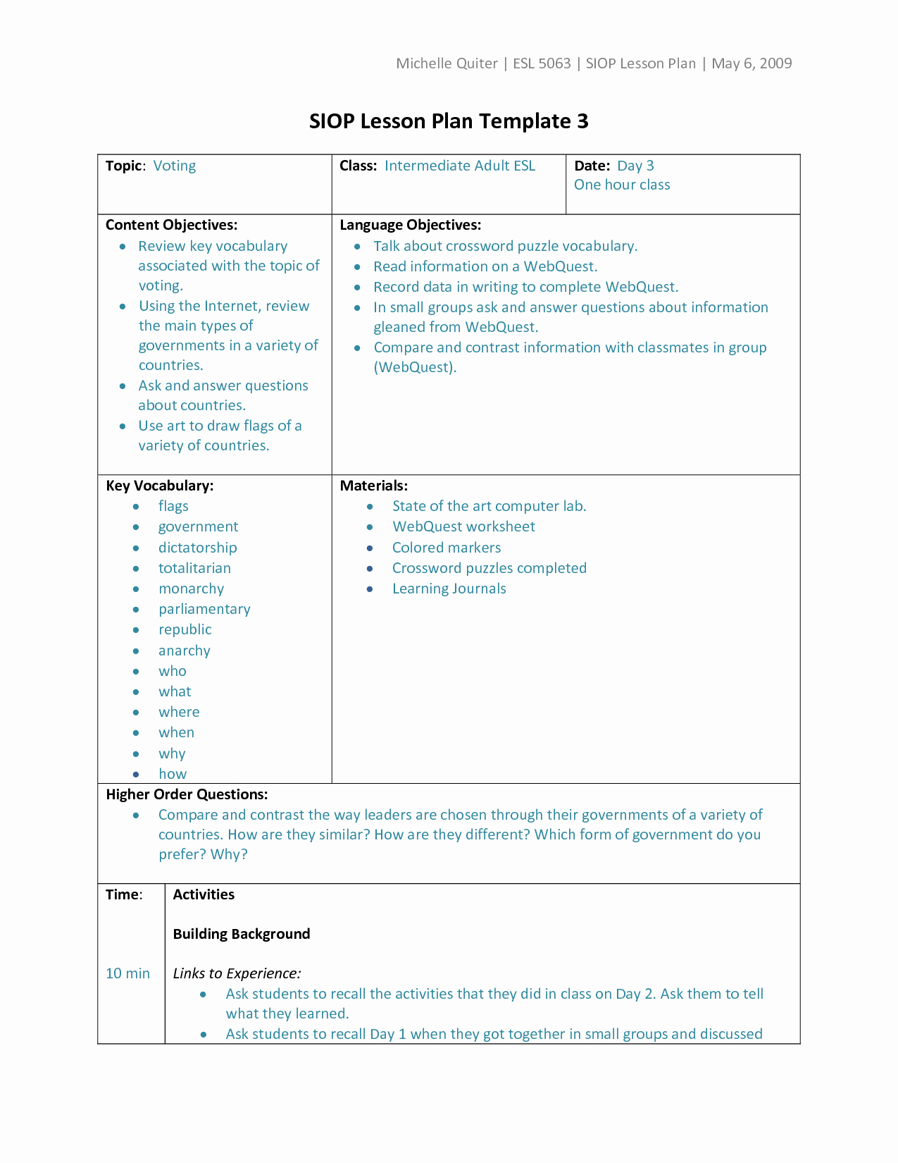 Siop Lesson Plan Template 2 Lovely Types Of Lesson Plan Templates